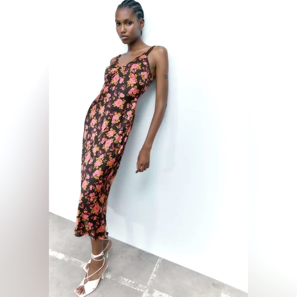 ZARA
Lingerie Style floral Print satin effect Dress